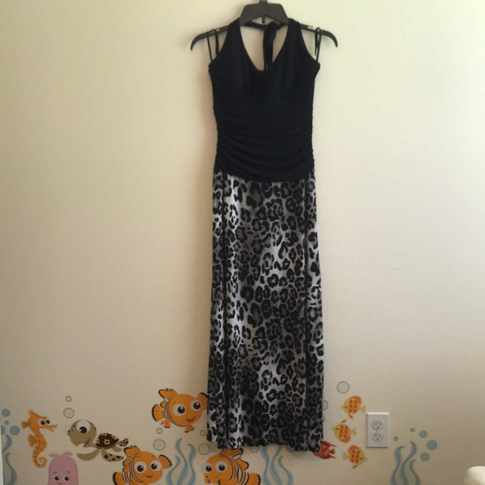 Long Black Dress with Leopard Prints.